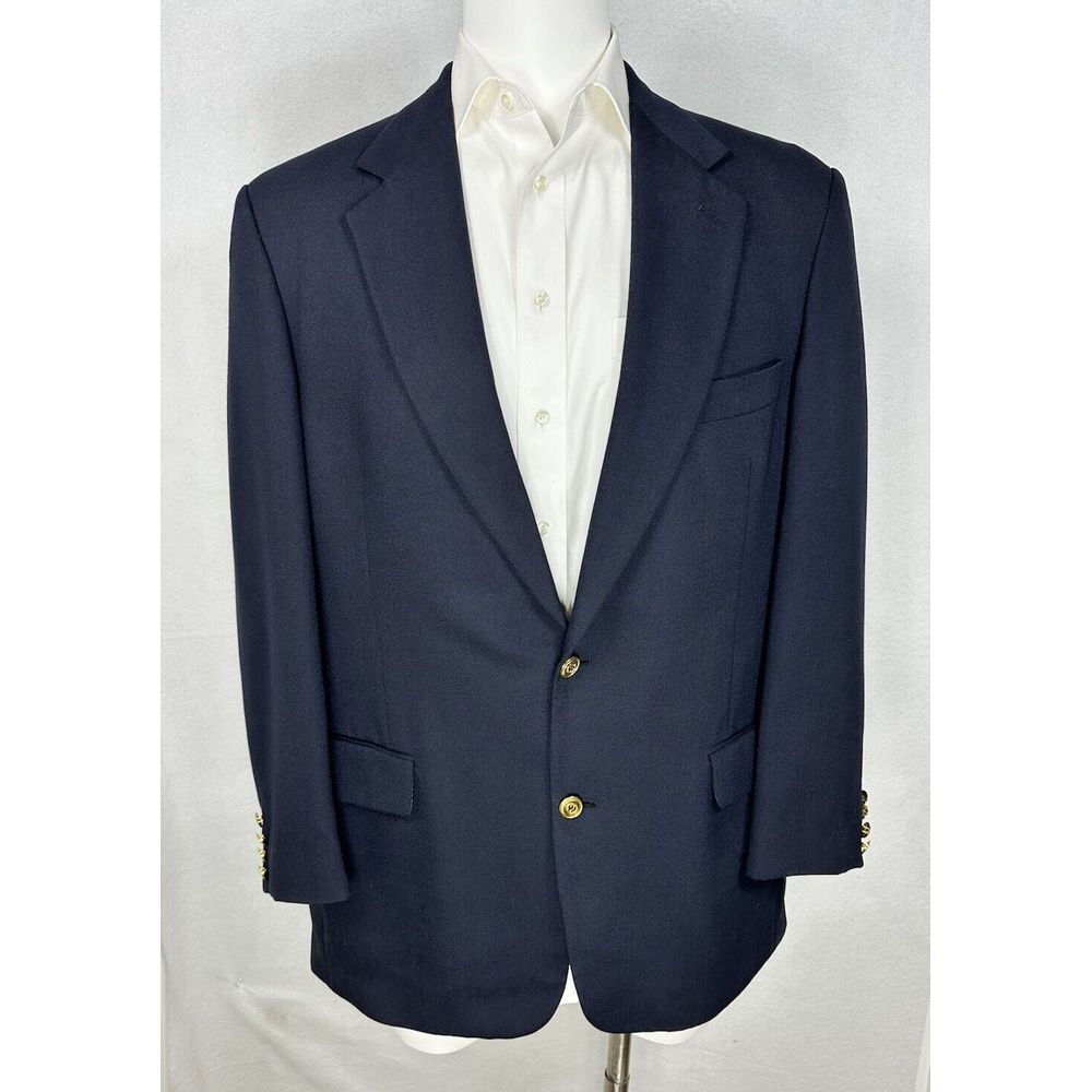 Palm Beach Navy Blue Wimbledon Gold Button Blazer Mens 43L Sport Coat Hopsack - Picture 1 of 14